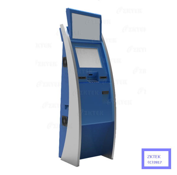 FD8 Dualscreen touch kiosk with barcode, card reader, EPP, thermal printer and cash acceptor